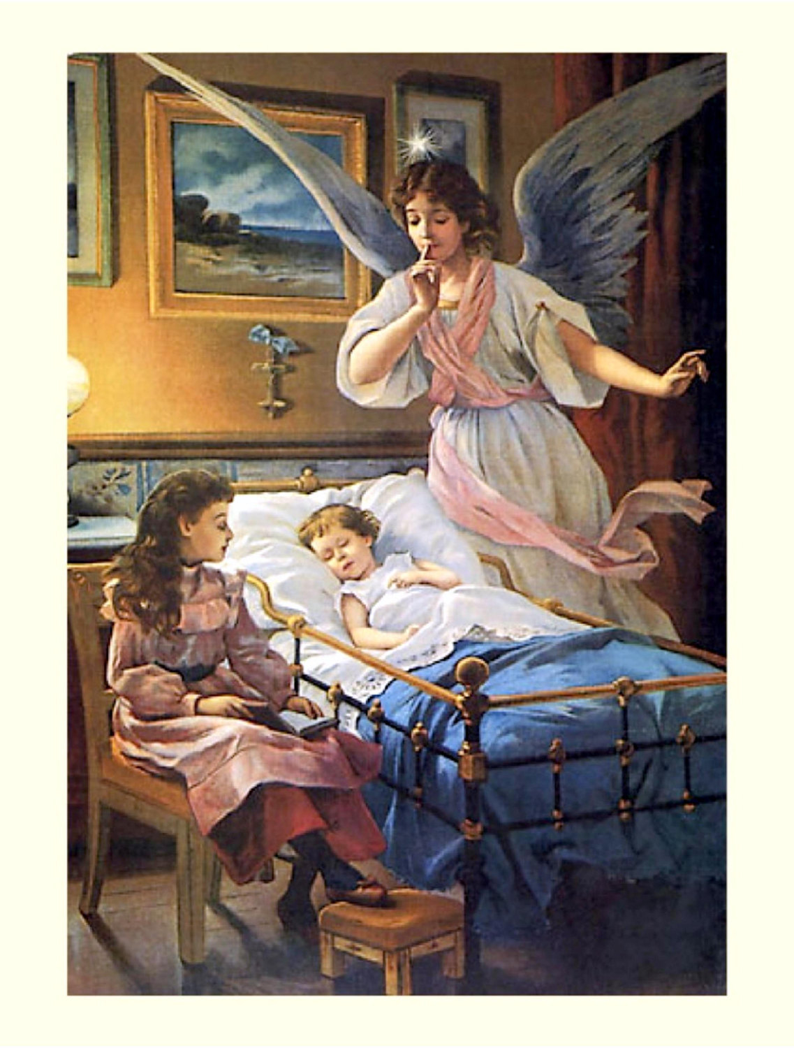Angel Guardian at Bedside 11x14 canvas print  Angel watches over ill child in cr - $23.00