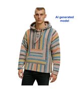 Earth Ragz Baja Surfer Woven Striped BOHO Mexican Hoodie Pullover size L - $23.44