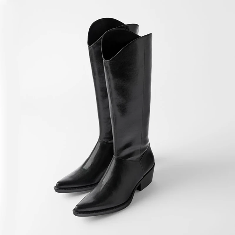 2024 Designer Western Black KneeHigh Boots For Women Winter Pointed Toe ... - £135.61 GBP