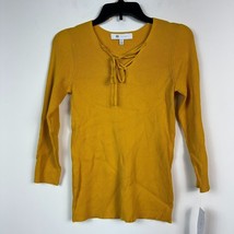 Fever Womens M Marigold Yellow Lace Up Ribbed 3/4 Sleeve Fitted Sweater NWT D39 - £19.55 GBP