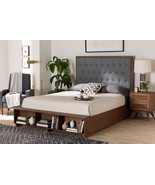 Ewan Gray Fabric and Walnut Brown King Size Platform Storage Bed - $875.00