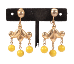 Vintage Clip On Earrings Gold Tone Chandelier with Yellow Beads - $4.99