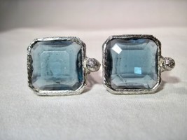 Vintage Huge Blue Stone Silver Tone Kramer Clip Earrings K366 - £37.88 GBP