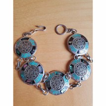 Vintage Mexican Taxco Aztec Calendar Bracelet Turquoise in Sterling Silver 925 - £78.06 GBP