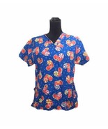 Women&#39;s Comfy Cotton Scrub Top M Medium Blue w/ Hearts &amp; Flowers - $8.18