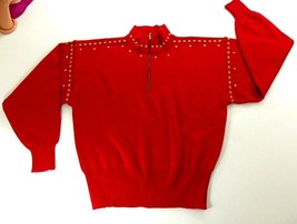 Meister Red Wool Gold Trim Stars Quarter Zip Winter Sweater Womens Large - £39.37 GBP