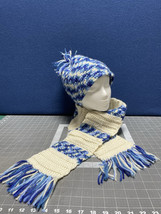 Crochet Blue White Variegated Hat 22” Around Scarf 24”x5.5” Handmade Bea... - $9.75