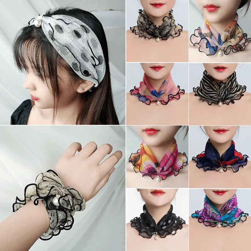 Women Stretch Lace Scarf Bandana Neckerchief Headband Faux Pearl Neck Wrap - £9.58 GBP