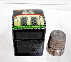 Lacquerware Thimble Box w Sterling Silver Thimble Hand Painted Building ... - $74.25