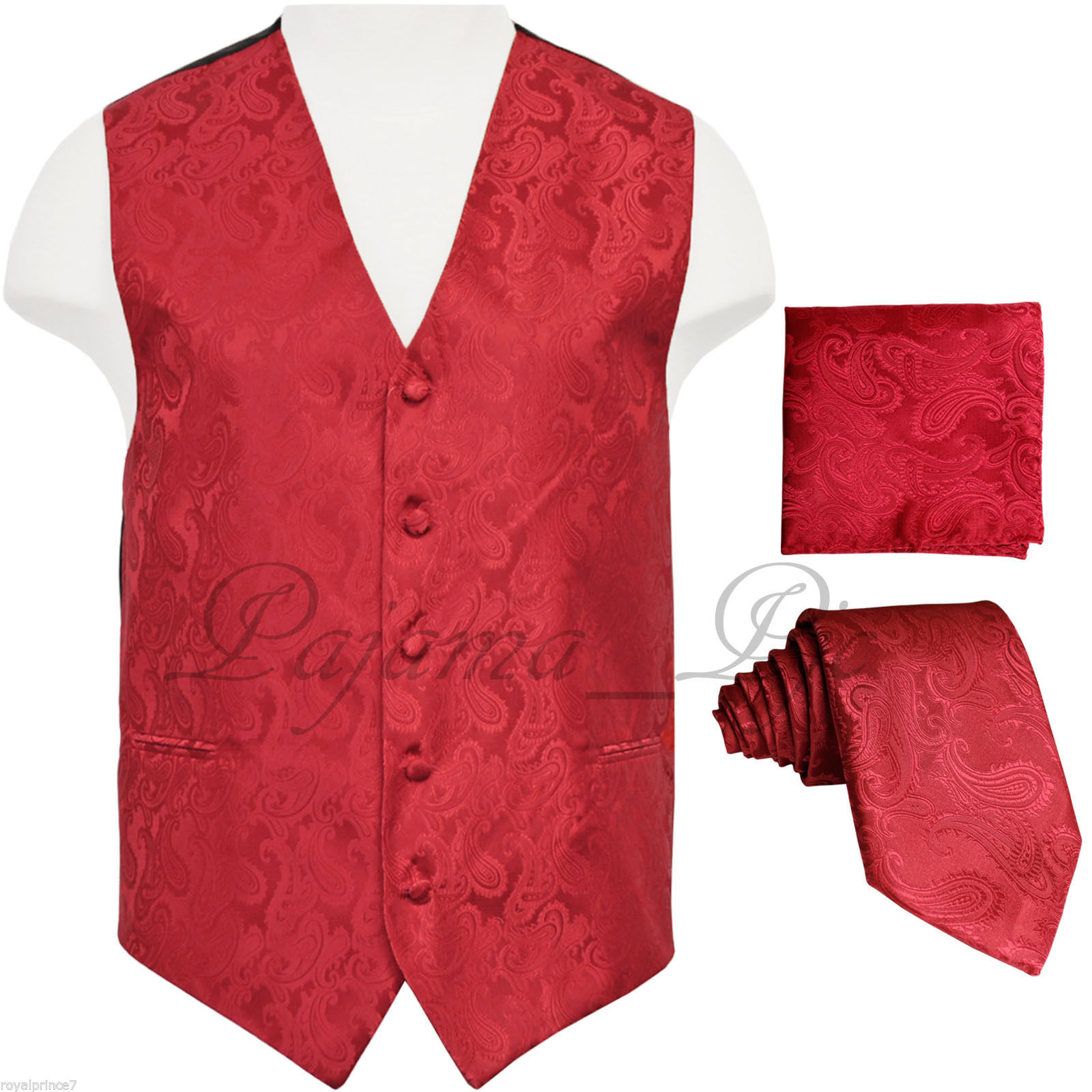 RED MEN'S XS to 6XL Paisley Tuxedo Suit Dress Vest Waistcoat & Neck tie Hanky - £18.67 GBP - £22.64 GBP