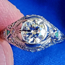 Earth mined Diamond Art Deco Emerald Engagement Ring Antique Platinum Solitaire - $13,865.25