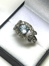 Art Deco (ca. 1915) 14K White Gold Aquamarine European Cut Diamond Ring ( 7.25+) - £1,351.09 GBP
