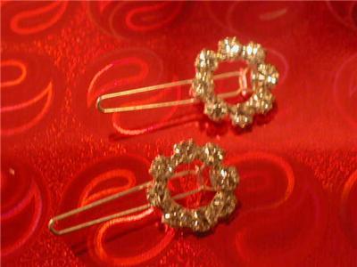 2 QUALITY SILVER PLATED CRYSTAL RHINESTONE PAGEANT BRIDAL CLIPS BARRETTES ROUND - $12.00