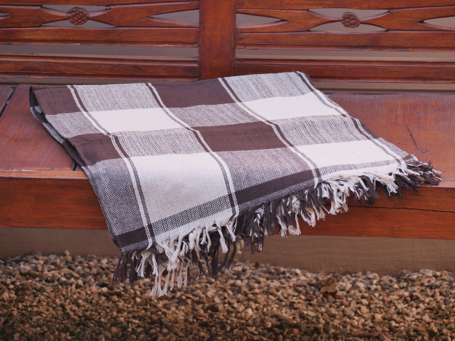 Hand Woven Brown Cotton Throw Blanket in Brown and Beige Plaid - £39.55 GBP