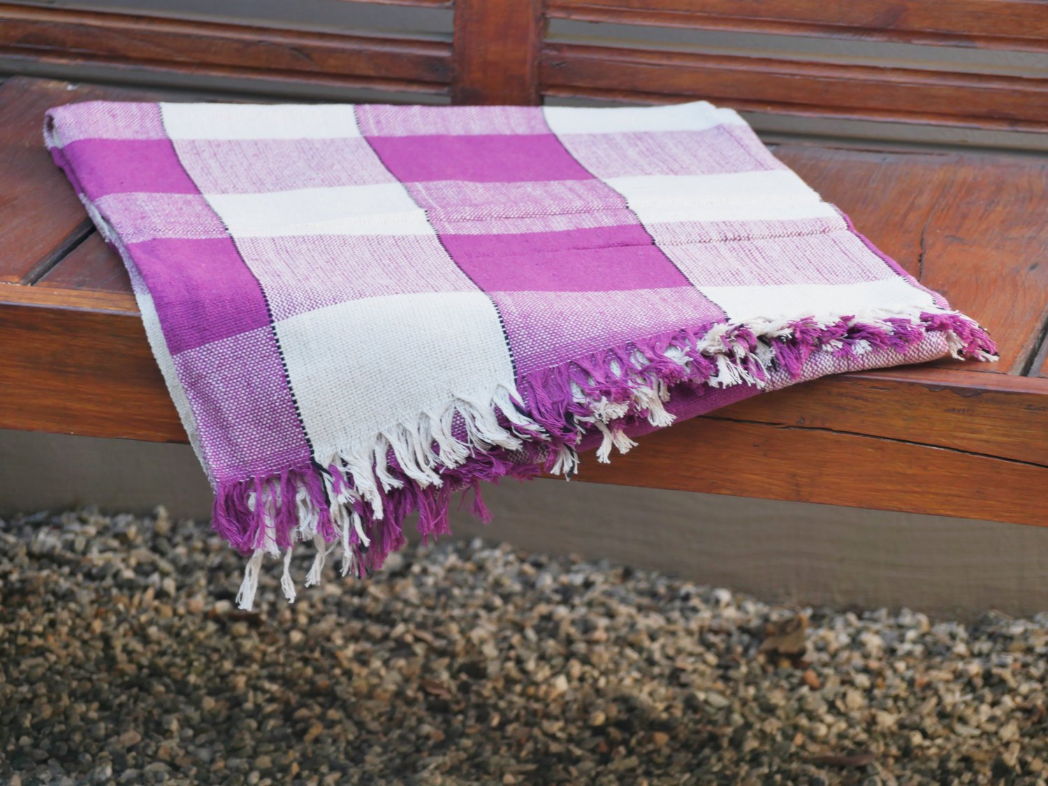 Primary image for Hand Woven Fuschia Cotton Throw Blanket in Fuschia and Beige Plaid