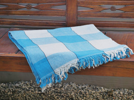 Hand Woven Cotton Throw Blanket in Blue and Beige Plaid - £39.84 GBP