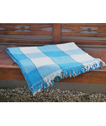 Hand Woven Cotton Throw Blanket in Blue and Beige Plaid - $68.33 CAD
