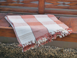 Hand Woven Cotton Throw Blanket in Orange and Beige Plaid - £39.55 GBP