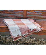Hand Woven Cotton Throw Blanket in Orange and Beige Plaid - $67.83 CAD