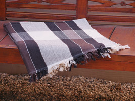 Hand Woven Brown Cotton Throw Blanket in Brown, Black and Beige Plaid Stripes - £39.55 GBP