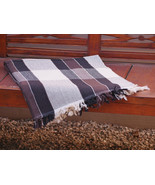 Hand Woven Brown Cotton Throw Blanket in Brown, Black and Beige Plaid Stripes - $49.60