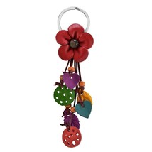 Boho Chic Red Floral Garden Leather and Beads Bag Ornament Keychain - $11.87