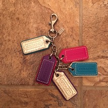 New Coach Multi hang tag keychain KEY FOB Charm Gold Pink Teal Leather RARE HTF - £55.07 GBP