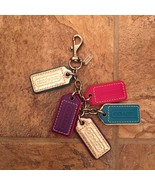 New Coach Multi hang tag keychain KEY FOB Charm Gold Pink Teal Leather R... - £54.34 GBP