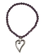 Genuine Amethyst Gemstone Stretch Bracelet With Heart Charm - £11.73 GBP