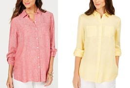 Charter Club Women&#39;s Linen Roll Tab Shirt (Colors: Citron Aura, Coral) Large NWT - £38.39 GBP