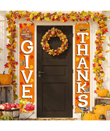 GIVE THANKS Hanging Banner Porch Sign Autumn Pumpkin Maple Leaf Backdrop... - $238.57 MXN