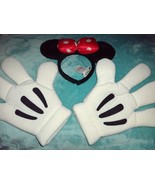 Disney Minnie Mouse Ears Headband Puffy Red Polka Dot Bow &amp; Hands Gloves - $354.25 MXN