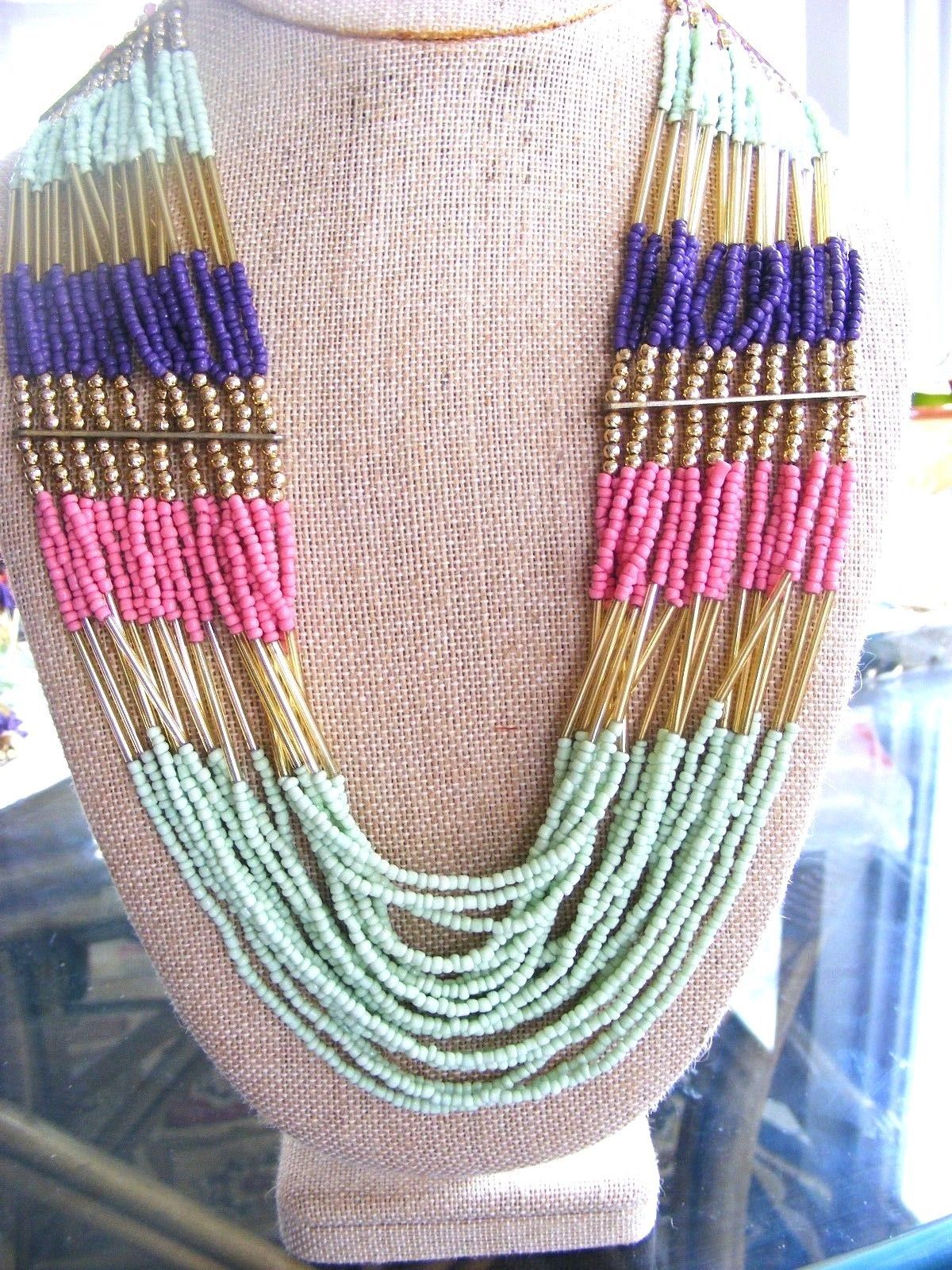 MULTISTRAND NECKLACE  ETHNIC, TRIBAL, SOUTHWESTERN LOOK PINK, MINT GREEN, GOLD - $24.05