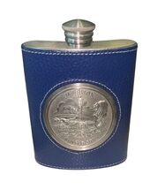 Vintage Merlion Singapore Flask Dragon Pewter Leather Wrap w/ Box 5"x4" image 2