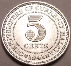 Gem Bu Rare Silver Malaya 1941 5 Cents~King George VI~Free Shipping - $35.27