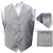 New Men Silver Gray Tuxedo Suit Vest Waistcoat and Neck tie Hanky Set We... - $22.09+