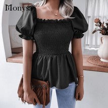 Women 2021 summer new arrival vintage square collar blouse ladies pleated casual peplum thumb200