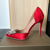 Tikicup Glitter Bow Women Red Silk Satin High Heel Wedding Shoes Pointy Toe Slip - £64.27 GBP