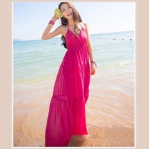 Summer Sun Extra Long Thin V Neck Halter Straps Bohemian Style Beach Maxi Dress  image 2