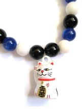 Lucky Kitty Maneki Neko Stretch Bracelet with Glass and White Stone Beads - $14.00