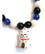 Lucky Kitty Maneki Neko Stretch Bracelet with Glass and White Stone Beads - £10.95 GBP