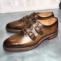 Genuine Leather Burnished Brown Color Vintage Handmade Classical Monk Men Shoes - £117.26 GBP+