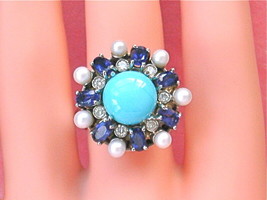 Vintage .25ctw Diamond Turquoise Pearl Iolite 18K Big Unique Cocktail Ring 1960 - £1,008.51 GBP