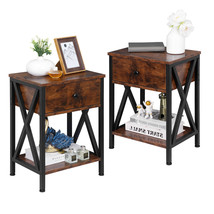2 Pieces Home End Table Storage Display Metal Frame Mdf Top With Drawer, Brown - £88.45 GBP