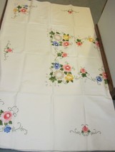 Vintage Embroidered Applique White Cotton Tablecloth Flowers Oblong w 8 napkins - £77.86 GBP