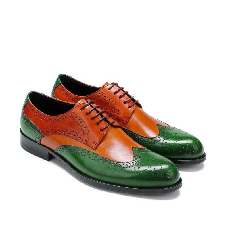 Men Two Tone Green Tan Brogue Toe Wing Tip Oxford Genuine Leather Shoes US 7-16