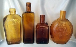 Lot (4) Amber Brown Glass Elixir Bottles:  Wheaton, Jefferson Davis, Coi... - $19.50