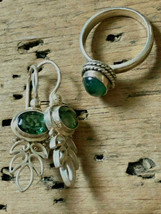 Vintage 925 Sterling Silver Green Gem Earrings Ring Size 6 Demi Parure Set - $19.79