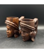 Pair Wood Wooden Man Woman Face Head Figural Mug Cup Hand Carved Tribal ... - $49.49