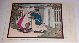 Boy Girl Kids Kissing Paying Toll Dorothy Dixon 1905 Postcard Toys Horse Drum - £3.95 GBP